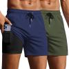 Ekouaer 2 Pack Men’s Swim Trunks 5″ with Compression Liner 2 in 1 Board Shorts Quick Dry Bathing Suit Swimwear Zipper Pocket(Army Green/Navy Blue)