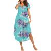 Ekouaer Long Nightgowns for Women Short Sleeve House Dress with Pockets V Neck Sleepshirts Side Split Sleepwear S-4XL(Flower Blue)