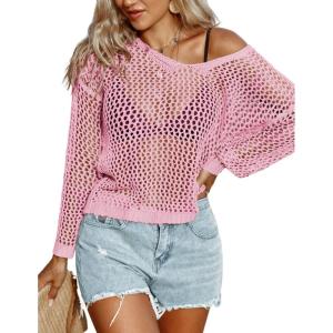 AI’MAGE Womens Crochet Tops Long Sleeve Hollow Out Swim Cover Up 2026 Beach Bikini Swimsuit Summer Tunic Top(Light Pink)