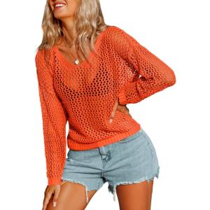 AI’MAGE Womens Crochet Tops Long Sleeve Hollow Out Swim Cover Up 2026 Beach Bikini Swimsuit Summer Tunic Top(Orange)