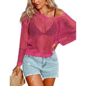 AI’MAGE Womens Crochet Tops Long Sleeve Hollow Out Swim Cover Up 2026 Beach Bikini Swimsuit Summer Tunic Top(Rose Red)