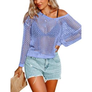 AI’MAGE Womens Crochet Tops Long Sleeve Hollow Out Swim Cover Up 2026 Beach Bikini Swimsuit Summer Tunic Top(Sky Blue)