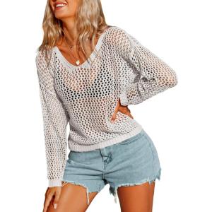 AI’MAGE Womens Crochet Tops Long Sleeve Hollow Out Swim Cover Up 2026 Beach Bikini Swimsuit Summer Tunic Top(White)