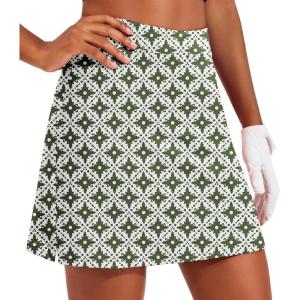 Ekouaer 16“ Golf Skorts for Woman with Inner Pockets Silicone Grippers Tennis Skirt Quick Dry Athletic Pickleball Skort(Green Pattern)
