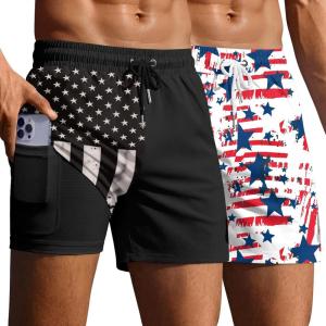 Ekouaer 2 Pack Men’s Swim Trunks 5″ with Compression Liner 2 in 1 Board Shorts Quick Dry Bathing Suit Swimwear Zipper Pocket(American Flag/Black American Flag)