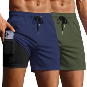 Ekouaer 2 Pack Men’s Swim Trunks 5″ with Compression Liner 2 in 1 Board Shorts Quick Dry Bathing Suit Swimwear Zipper Pocket(Army Green/Navy Blue)