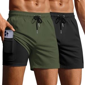 Ekouaer 2 Pack Men’s Swim Trunks 5″ with Compression Liner 2 in 1 Board Shorts Quick Dry Bathing Suit Swimwear Zipper Pocket(Black/Army Green)