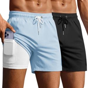 Ekouaer 2 Pack Men’s Swim Trunks 5″ with Compression Liner 2 in 1 Board Shorts Quick Dry Bathing Suit Swimwear Zipper Pocket(Black/Light Blue)