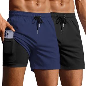 Ekouaer 2 Pack Men’s Swim Trunks 5″ with Compression Liner 2 in 1 Board Shorts Quick Dry Bathing Suit Swimwear Zipper Pocket(Black/Navy Blue)
