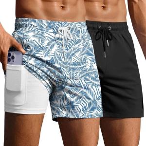 Ekouaer 2 Pack Men’s Swim Trunks 5″ with Compression Liner 2 in 1 Board Shorts Quick Dry Bathing Suit Swimwear Zipper Pocket(Black/Plant Leaves)