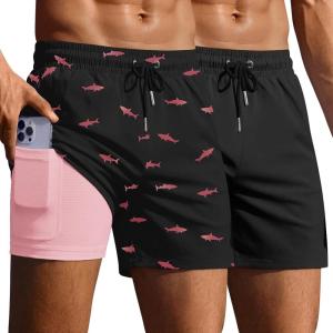 Ekouaer 2 Pack Men’s Swim Trunks 5″ with Compression Liner 2 in 1 Board Shorts Quick Dry Bathing Suit Swimwear Zipper Pocket(Black/Shark Black)