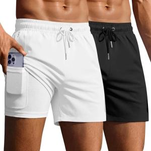 Ekouaer 2 Pack Men’s Swim Trunks 5″ with Compression Liner 2 in 1 Board Shorts Quick Dry Bathing Suit Swimwear Zipper Pocket(Black/White)