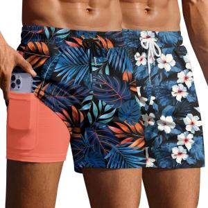Ekouaer 2 Pack Men’s Swim Trunks 5″ with Compression Liner 2 in 1 Board Shorts Quick Dry Bathing Suit Swimwear Zipper Pocket(Hawaii Floral Navy/Tropical Leaves Orange)