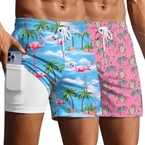 Ekouaer 2 Pack Men’s Swim Trunks 5″ with Compression Liner 2 in 1 Board Shorts Quick Dry Bathing Suit Swimwear Zipper Pocket(Pinapple Palm Pink/Flamingo Blue)