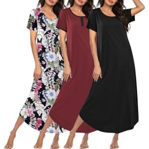Ekouaer 3 Pack Long Nightgowns for Women Plus Size Moo Moos Short Sleeve House Dress Button Night Gown Soft Sleepwear S-5XL(Black Flowers/Wine Red/Black)