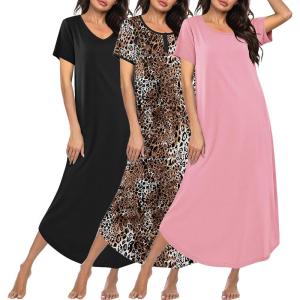 Ekouaer 3 Pack Long Nightgowns for Women Plus Size Moo Moos Short Sleeve House Dress Button Night Gown Soft Sleepwear S-5XL(Black/Leopard/Pink)