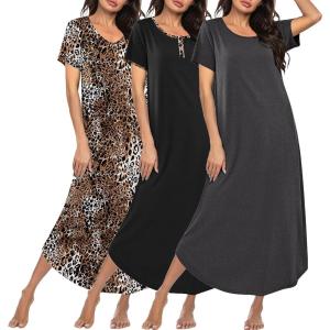 Ekouaer 3 Pack Long Nightgowns for Women Plus Size Moo Moos Short Sleeve House Dress Button Night Gown Soft Sleepwear S-5XL(Leopard/Black/Dark Grey)