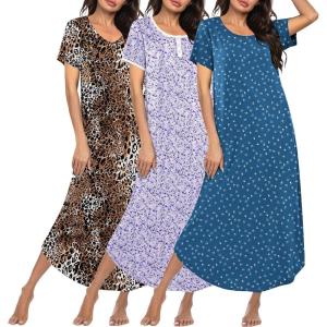 Ekouaer 3 Pack Long Nightgowns for Women Plus Size Moo Moos Short Sleeve House Dress Button Night Gown Soft Sleepwear S-5XL(Leopard/Purple Floral/Blue Dog Footprints)
