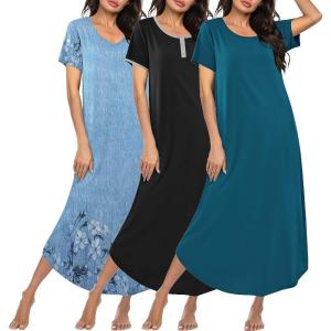 Ekouaer 3 Pack Long Nightgowns for Women Plus Size Moo Moos Short Sleeve House Dress Button Night Gown Soft Sleepwear S-5XL(Ligth Blue Floral/Black/Blue Green)