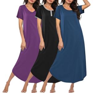 Ekouaer 3 Pack Long Nightgowns for Women Plus Size Moo Moos Short Sleeve House Dress Button Night Gown Soft Sleepwear S-5XL(Purple/Black/Blue)