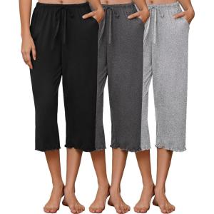 Ekouaer 3 Pack Women Capri Pajama Pants 2026 Ruffle hem Lounge Pants Drawstring Pj Bottoms with Pockets(Black / Dark Heather Grey / Light Heather Gray)