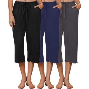 Ekouaer 3 Pack Women Capri Pajama Pants 2026 Ruffle hem Lounge Pants Drawstring Pj Bottoms with Pockets(Black / Dark Navy / Dark Grey)