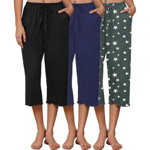 Ekouaer 3 Pack Women Capri Pajama Pants 2026 Ruffle hem Lounge Pants Drawstring Pj Bottoms with Pockets(Black / Dark Navy / Grey Star)