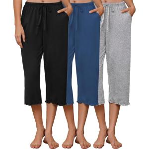 Ekouaer 3 Pack Women Capri Pajama Pants 2026 Ruffle hem Lounge Pants Drawstring Pj Bottoms with Pockets(Black / Navy Blue / Light Heather Gray)