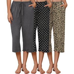 Ekouaer 3 Pack Women Capri Pajama Pants 2026 Ruffle hem Lounge Pants Drawstring Pj Bottoms with Pockets(Dark Heather Grey / Black Polka Dot / Khaki Leopard)