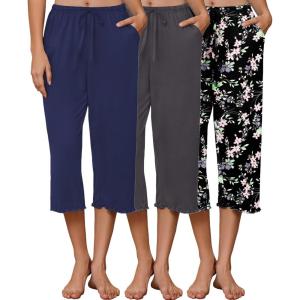 Ekouaer 3 Pack Women Capri Pajama Pants 2026 Ruffle hem Lounge Pants Drawstring Pj Bottoms with Pockets(Navy / Dark Grey / Black Flower)