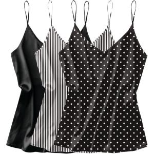Ekouaer 3 Pack: Womens Silk Satin Tank Top V Neck Camisole Cami Spaghetti Strap Top Loose Sleeveless Blouses Tank Shirt(Black/Black&white Stripes/Black Polka Dots)
