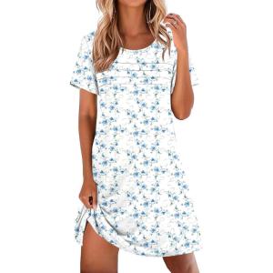 Ekouaer Cotton Nightgowns for Women Short Sleeve Sleep Shirts Pleated Night Shirts Soft Crew Neck Night Gown(Blue Flowers)