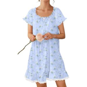 Ekouaer Cotton Nightgowns for Women Vintage Victorian Night Gowns Short Sleeve Sleep Shirts Lace Sleep Dress Soft Sleepwear(Floral Blue)