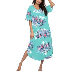 Ekouaer Long Nightgown, Womens V Neck Loungewear Oversized Sleepwear Loose Sleep Dress S-4XL(Blue Floral)