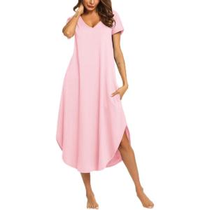 Ekouaer Long Nightgowns for Women Short Sleeve House Dress with Pockets V Neck Sleepshirts Side Split Sleepwear S-4XL(Misty Rose)