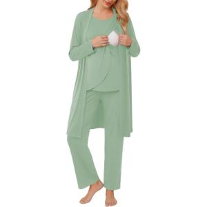 Ekouaer Maternity Nursing Robe Set 3 Pieces Sleeveless Top, Pregnancy Pants & Robe Double Layer Pajamas S-XXL(Light Green)