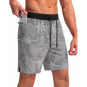 Ekouaer Men’s 7″ Swim Trunks Swimwear Zip Pockets Beach Board Shorts Bathing Suits with Mesh Lining(Z Gray Leaves)