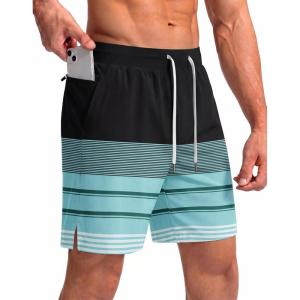 Ekouaer Men’s 7″ Swim Trunks Swimwear Zip Pockets Beach Board Shorts Bathing Suits with Mesh Lining(Z Stripes Black Green)