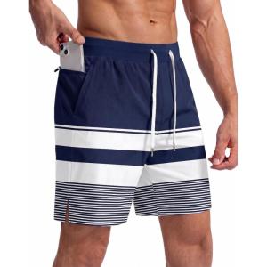 Ekouaer Men’s 7″ Swim Trunks Swimwear Zip Pockets Beach Board Shorts Bathing Suits with Mesh Lining(Z Stripes Navy White)