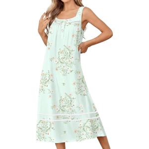 Ekouaer Nightgowns for Women Cotton Long Night Gowns Sleeveless Sleep Dress Victorian Nightdress Ladies Sleepwear XS-4XL(Floral Green)