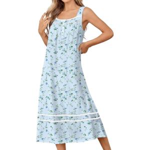 Ekouaer Nightgowns for Women Cotton Long Night Gowns Sleeveless Sleep Dress Victorian Nightdress Ladies Sleepwear XS-4XL(Floral Light Blue)