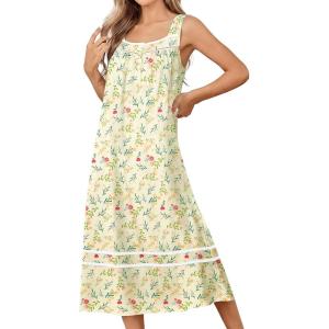 Ekouaer Nightgowns for Women Cotton Long Night Gowns Sleeveless Sleep Dress Victorian Nightdress Ladies Sleepwear XS-4XL(Floral Light Yellow)
