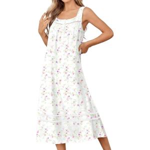 Ekouaer Nightgowns for Women Cotton Long Night Gowns Sleeveless Sleep Dress Victorian Nightdress Ladies Sleepwear XS-4XL(Little Flowers White)