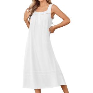 Ekouaer Nightgowns for Women Cotton Long Night Gowns Sleeveless Sleep Dress Victorian Nightdress Ladies Sleepwear XS-4XL(White)