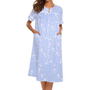 Ekouaer Nightgowns for Women House Dress with Pockets Short Sleeve Duster Moo Moos Button Down House Coat Sleepwear(Blue Pigeon)