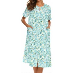 Ekouaer Nightgowns for Women House Dress with Pockets Short Sleeve Duster Moo Moos Button Down House Coat Sleepwear(Green Floral)