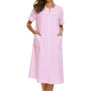 Ekouaer Nightgowns for Women House Dress with Pockets Short Sleeve Duster Moo Moos Button Down House Coat Sleepwear(Striped Pink)