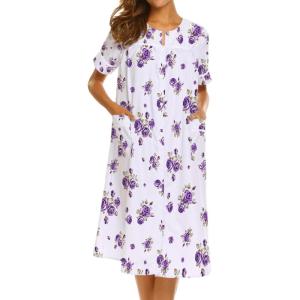 Ekouaer Nightgowns for Women House Dress with Pockets Short Sleeve Duster Moo Moos Button Down House Coat Sleepwear(White Flower)