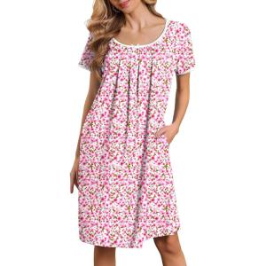 Ekouaer Nightgowns for Women Short Sleeve Moo Moos Ladies House Dress with Pockets Pleated Sleepshirts Soft Sleepwear(Pink Floral)