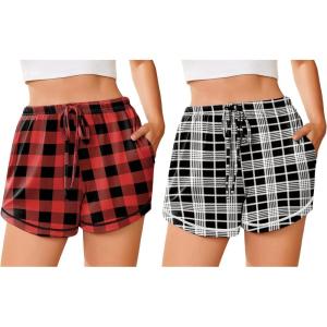 Ekouaer Pajama Shorts for Women 2026 Soft Sleep Shorts Casual Lounge Bottoms Comfy Pj Bottoms with Pockets(Red Plaid and Black Plaid)
